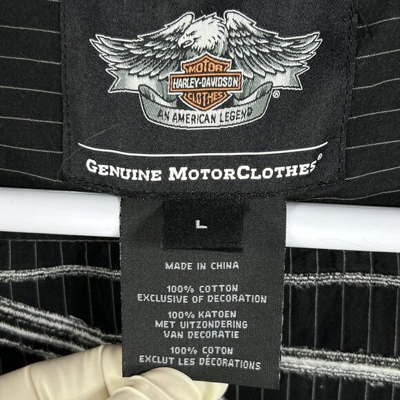 Harley-Davidson Mens L Black Striped Short Sleeve Button-Up Mechanic Shirt Biker - Picture 6 of 16